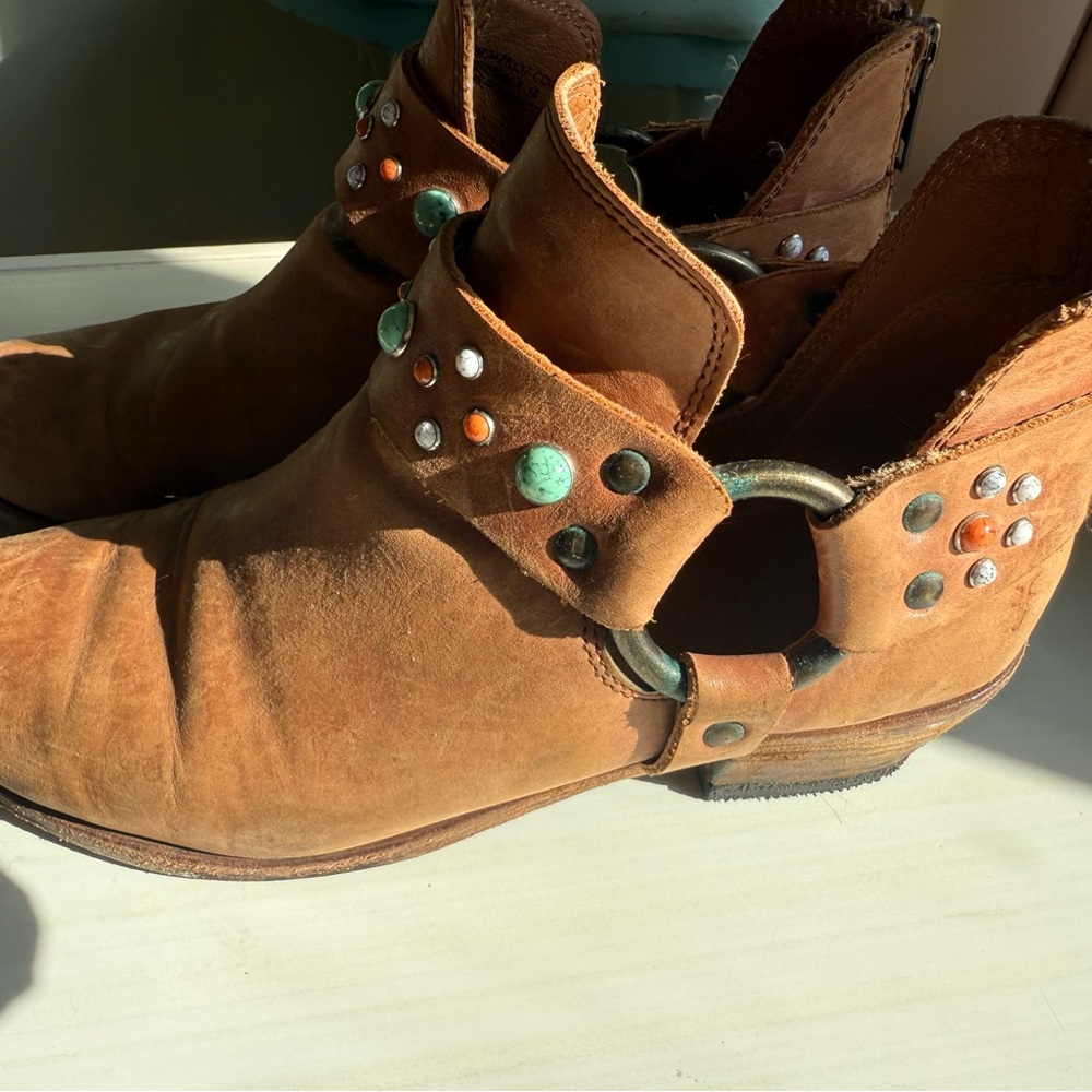 Frye Tan Suede Ankle Booties with Stud Accents